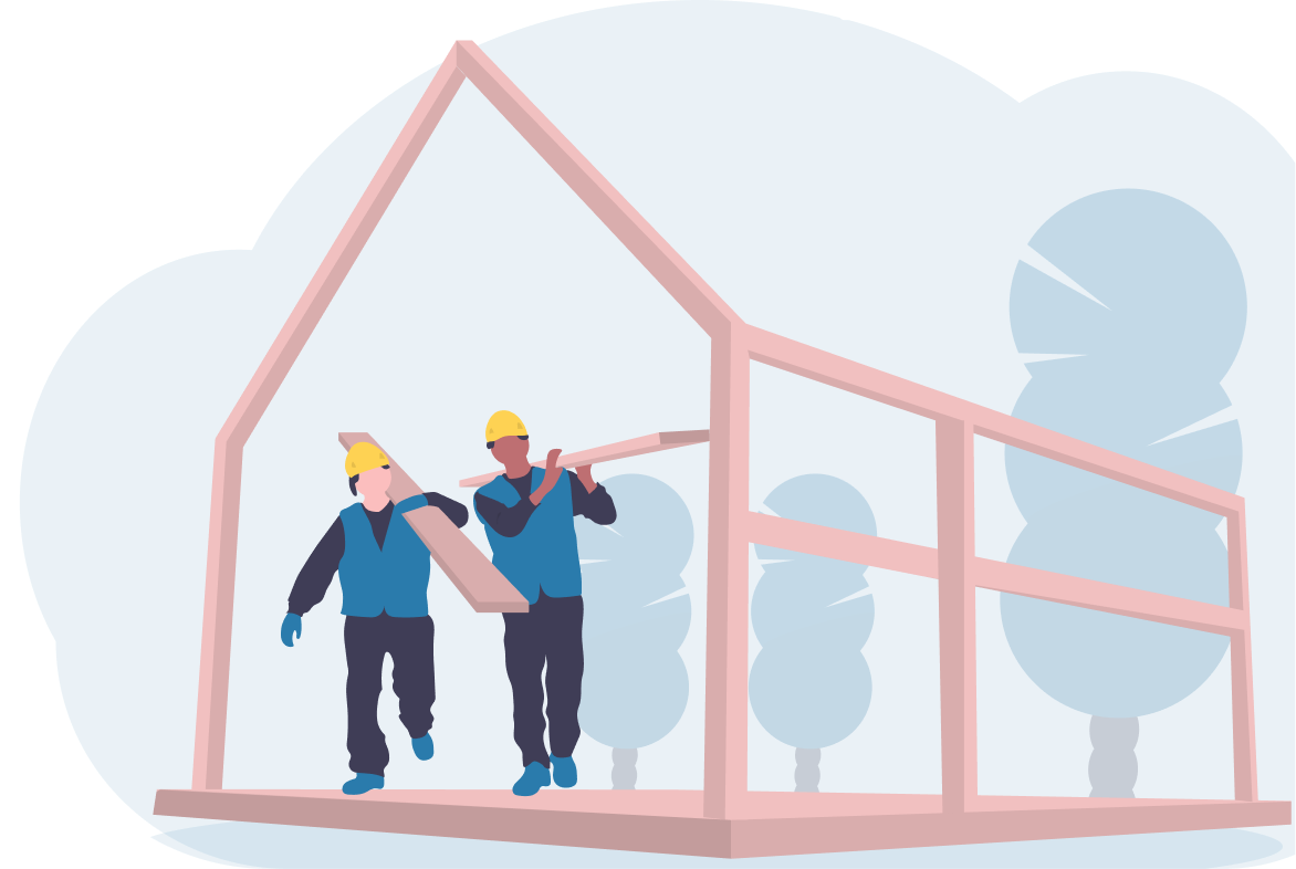 Construction workers and house frame illustration